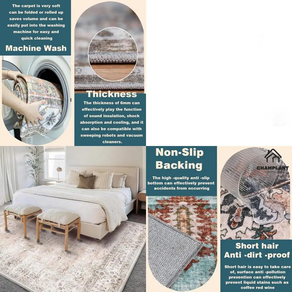 

Vintage 6x9' Washable Area Rug - Traditional Distressed Kitchen Carpet, Non-Slip for Living & Dining Rooms