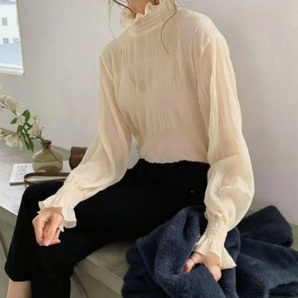 

Women's Tops M-2XL Sweet Formal Wear Long Sleeved T Shirt Cuties Girls Pleated Petal High Collar Korean Shirt Flared Sleeve Goth