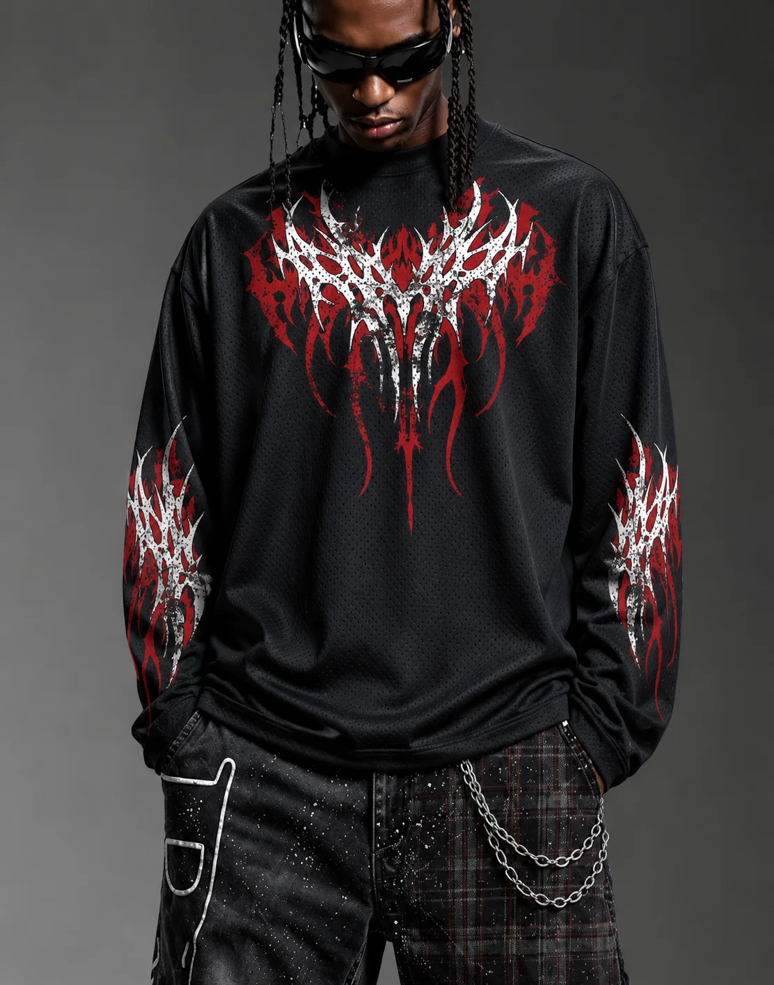 Y2K Dark Tribal Thorn Print Mesh Long Sleeve Jersey, Gothic Grunge Loose Streetwear Top, Unisex Edgy Aesthetic Shirt