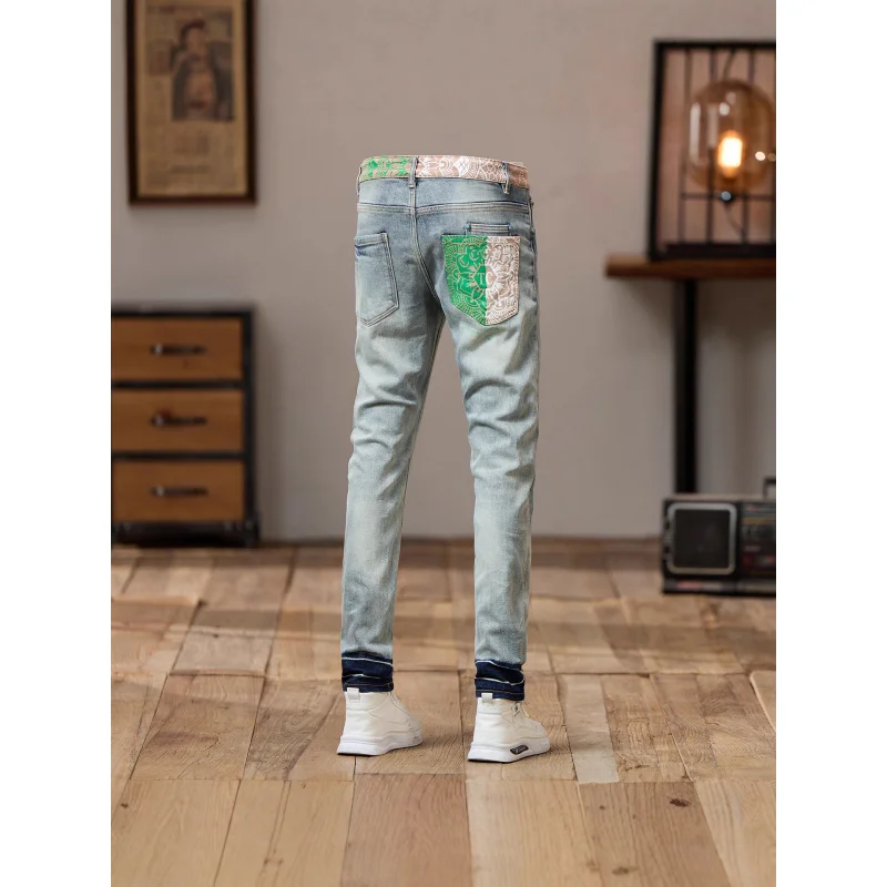 Stitched Print Design Premium Trendy Denim Pants Men's Ripped 2025 New Streetwear American Vintage Slim Fit Skinny Jeans