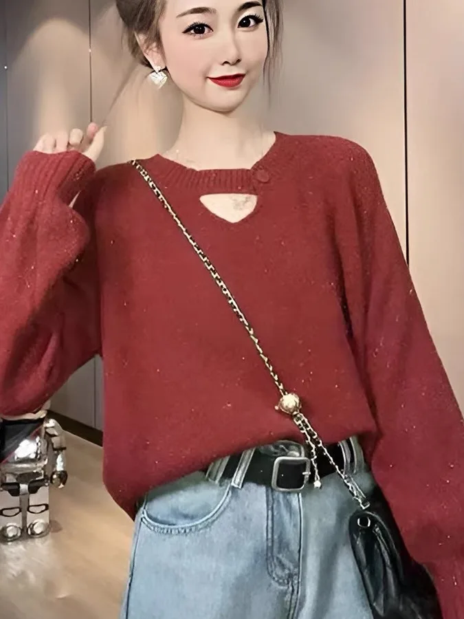 

Красный свободный вязаный свитер V-Ne, женская осень 2024, новогодняя верхняя одежда, удобный топ для ленивых поездок на работу