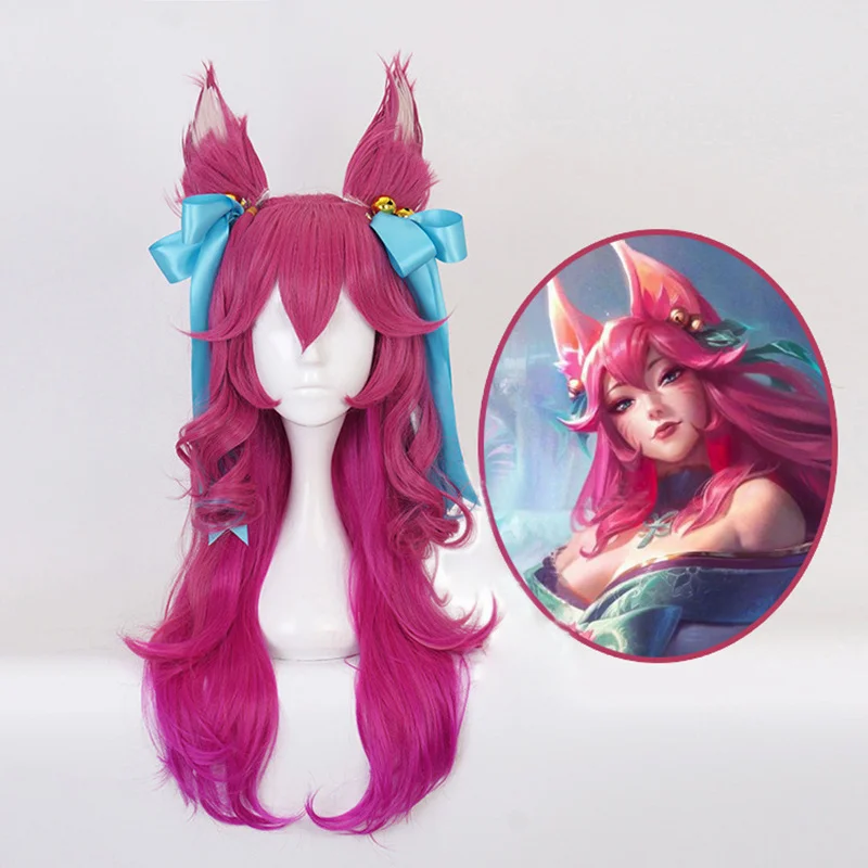 Game LOL Spirit Blossom Ahri Cosplay Wig Gradient Long Wave Curls Heat Resistant Synthetic Hair Halloween Party Wigs + Wig Cap