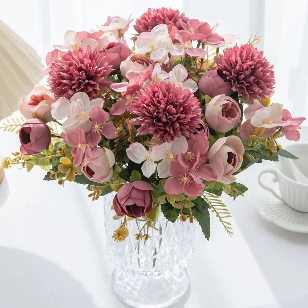 Künstliche Blumen, Teeknospen, Hortensien, Vase für Zuhause, Tisch, Garten, Kranz, Hochzeit, Brautstrauß, Festival, DIY-Geschenk, Requisiten, Dekoration – Detail 1