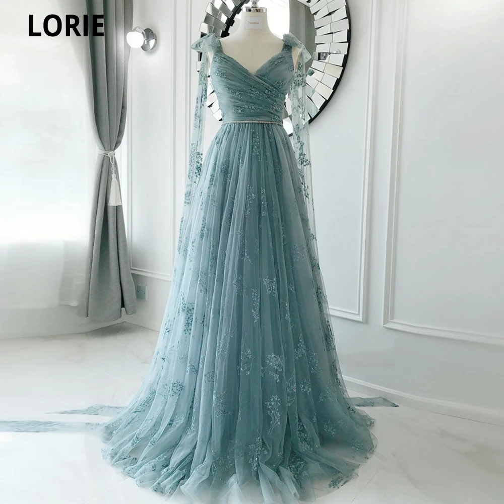 

LORIE Spaghetti Straps Prom Dresses Tulle A-Line Pleats Vestido De Festas Longo Casamento Charming Lace Appliques Party Dresses