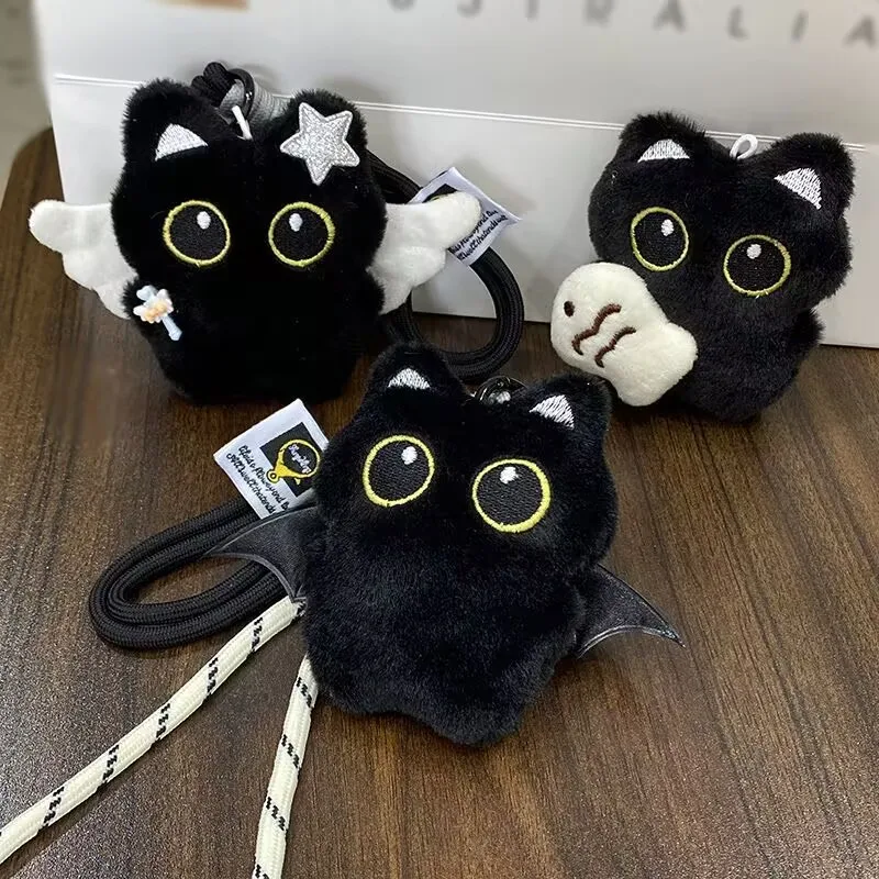 Unbranded Cute Plush Black Cat Keychain Angel Wing Star Decor Squeaky Mini Stuffed Toy Backpack Bag Pendant For Kids Cat Lovers
