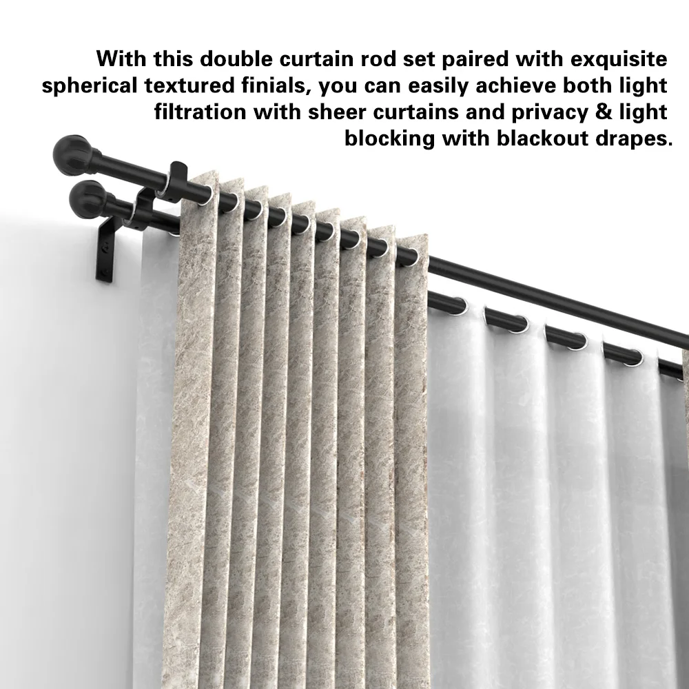5/ 8inch Metal double-rod curtain rod/Roman rod, adjustable length double-layer black curtain rod, maximum length 60-147inch, compatible with 1m, 2m, 3m window curtain rod track sets, wall-mounted installation, sturdy and durable, modern decorative style