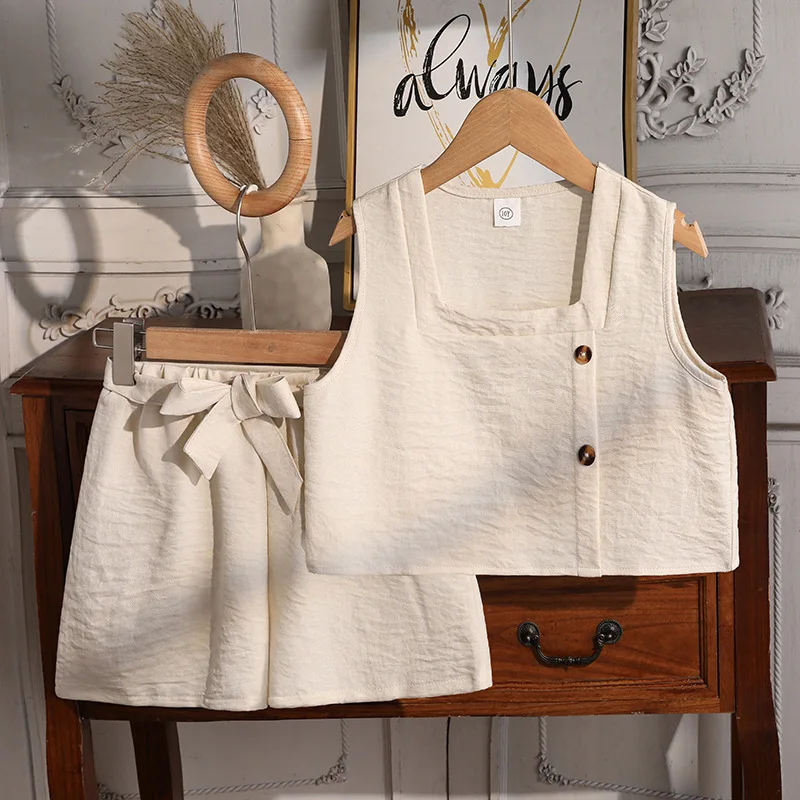 Girls Set 2026 Spring Summer New Casual Japanese Button Vest Shorts Two-piece Set Daily Simple Temperament Wear