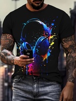 3D Graffiti Headphones Printed Men's Fashion T-shirt Summer Daily Casual Men's T-shirt Urban Street Men's Short-sleeved Top