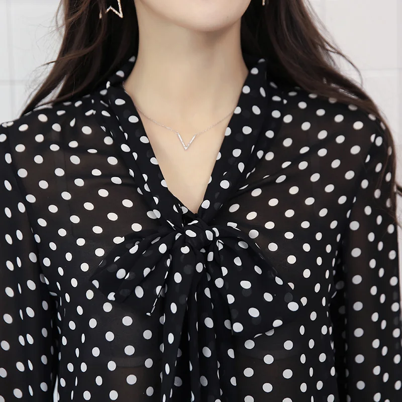 Fashion Polka Dot Gedrukt Chiffon Vrouwen Shirt 2022 Lente Office Dames Elegante Boog Truien Commuter V-hals Losse Blouse Vrouw