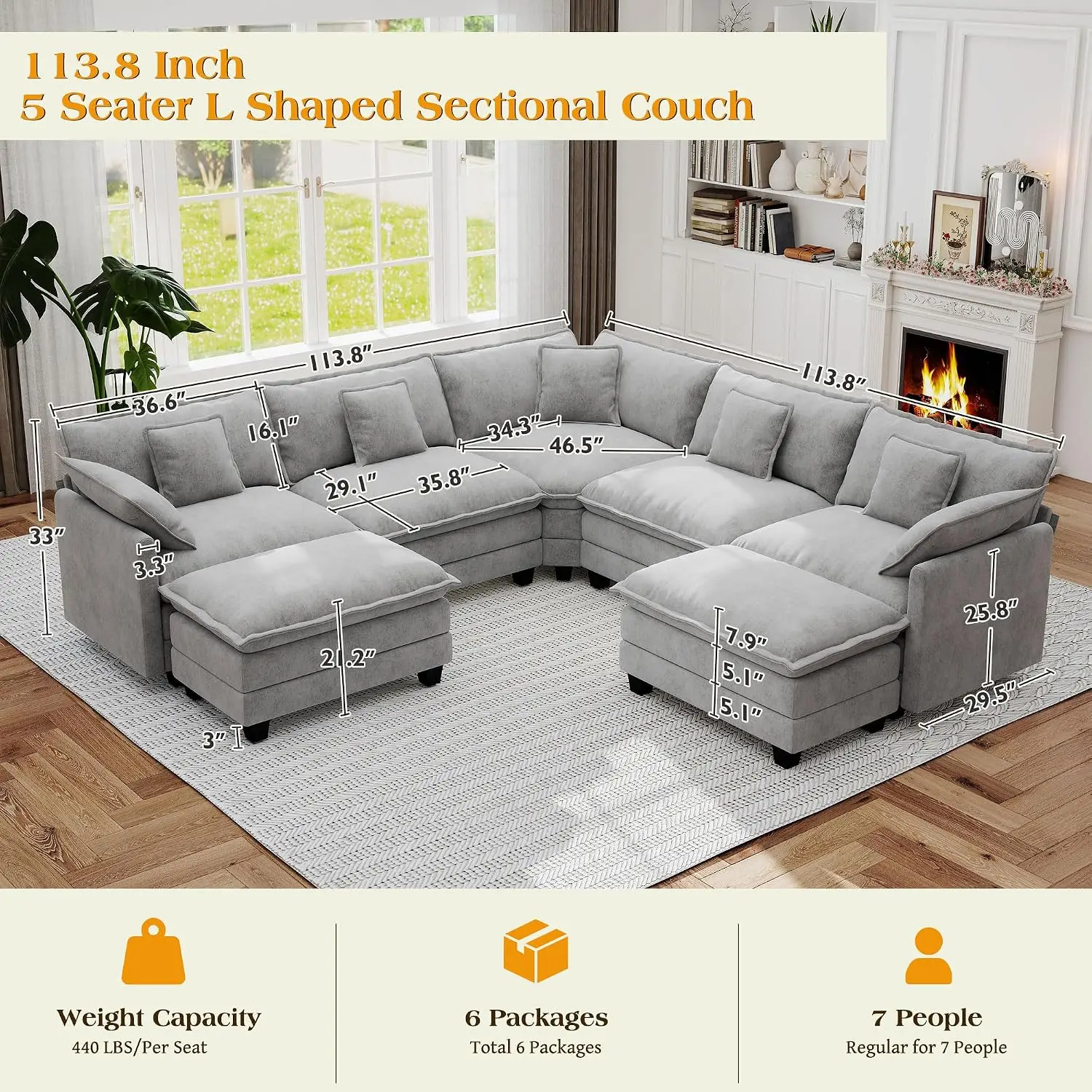 Modular Sectional Sofa Deep Seat Chenille Fabric with Throw Pillows & Movable Ottoman for Living Room Apartment, Customized