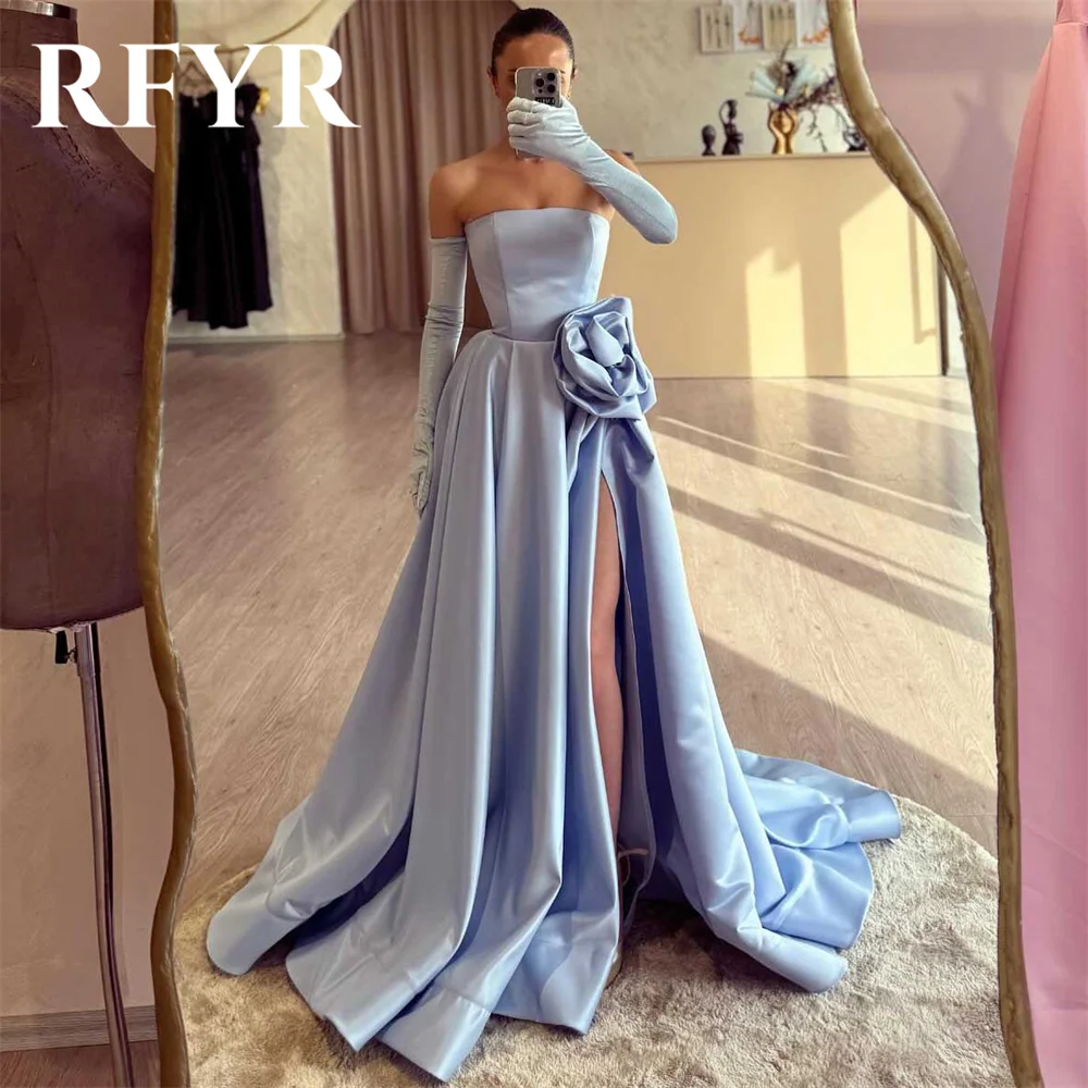 

RFYR Sky Blue Prom Dress Strapless A-Line Evening Dresses Luxury Off The Shoulder Party Dress with Pleats Satin Robe De Soirée