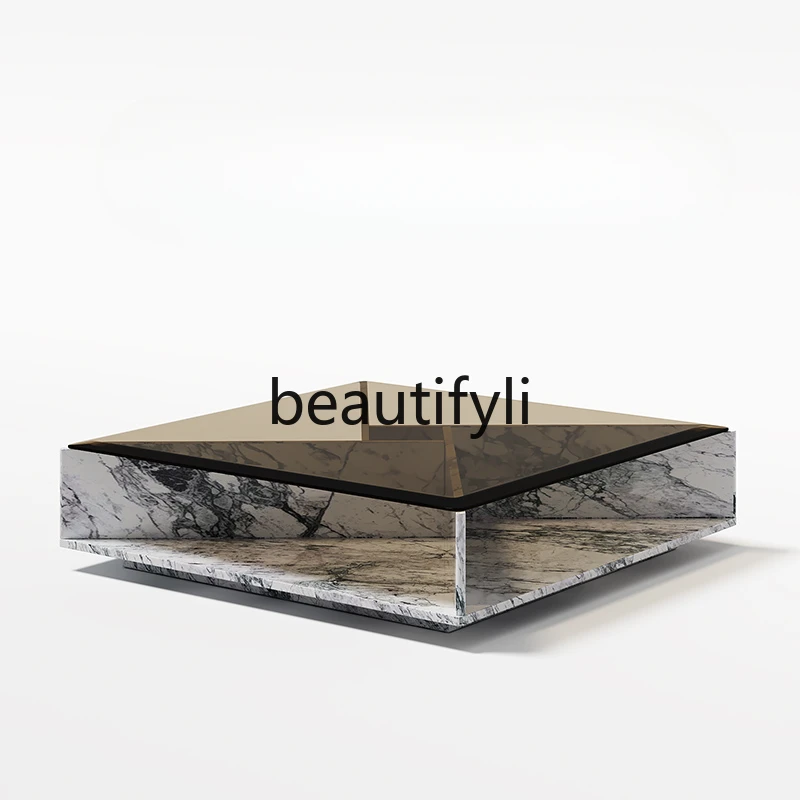 Square natural marble coffee table square tempered glass rock slab office