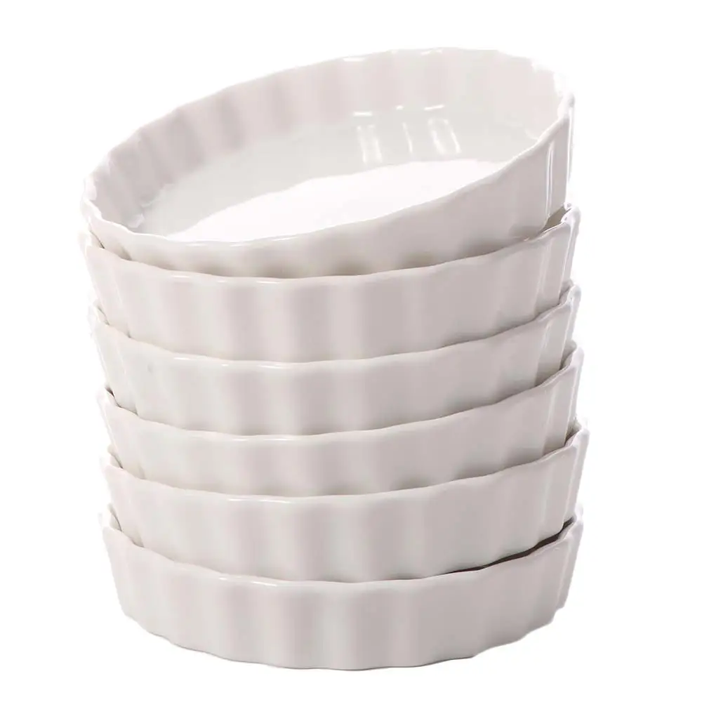

6pcs Kitchen Baking Container Ceramic Creme Brulee Ramekins Shallow Round Tart Baking Pan White Steamed Egg Dishes Pudding
