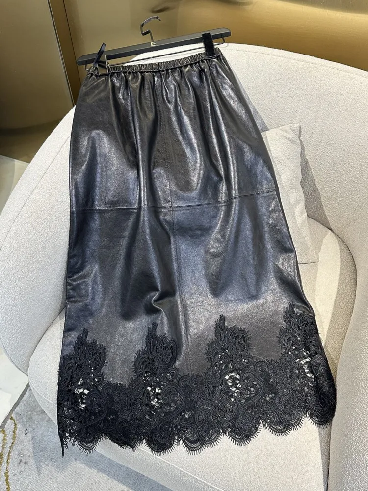 Elegant Women Lace Embroidery Spliced Knee Length Sheepskin Genuine Leather Skirt Lady Autumn Fashion Slim Elastic Waist Skirts