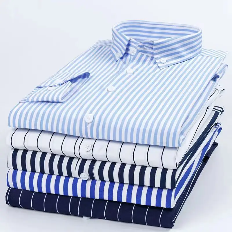 Men\'s Long Sleeve Slim Fit Striped Shirt Non-iron Korean Print Shirt All-Match Business Casual Dress Shirts White Blue Color