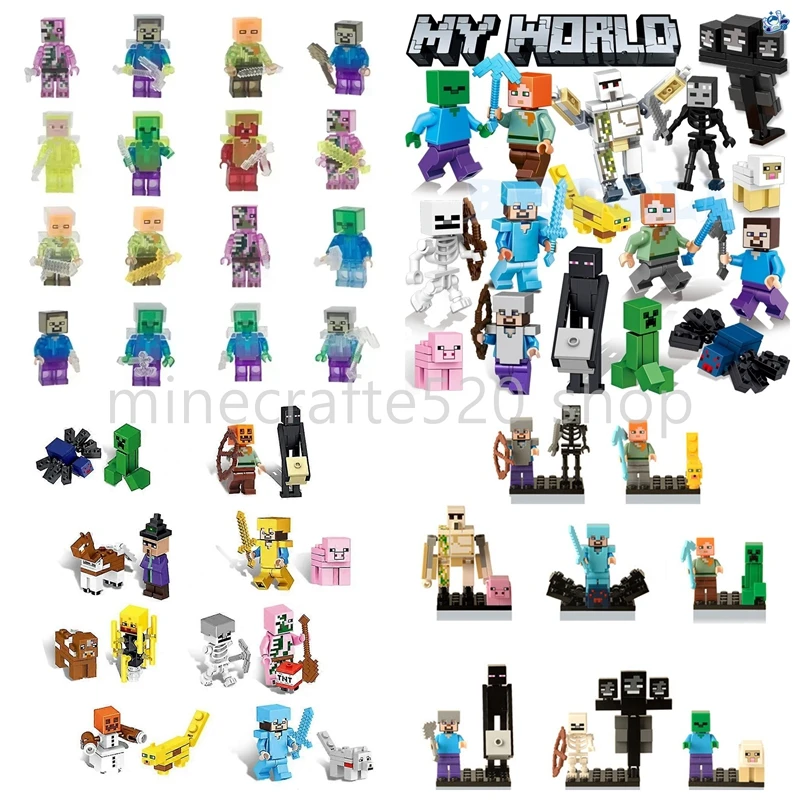سلسلة ماين كرافت 16 قطعة/المجموعة/مجموعة مكعبات بناء MC ألعاب صغيرة مجمعة بناء كتل متوافقة لعبة شخصيات كرتونية