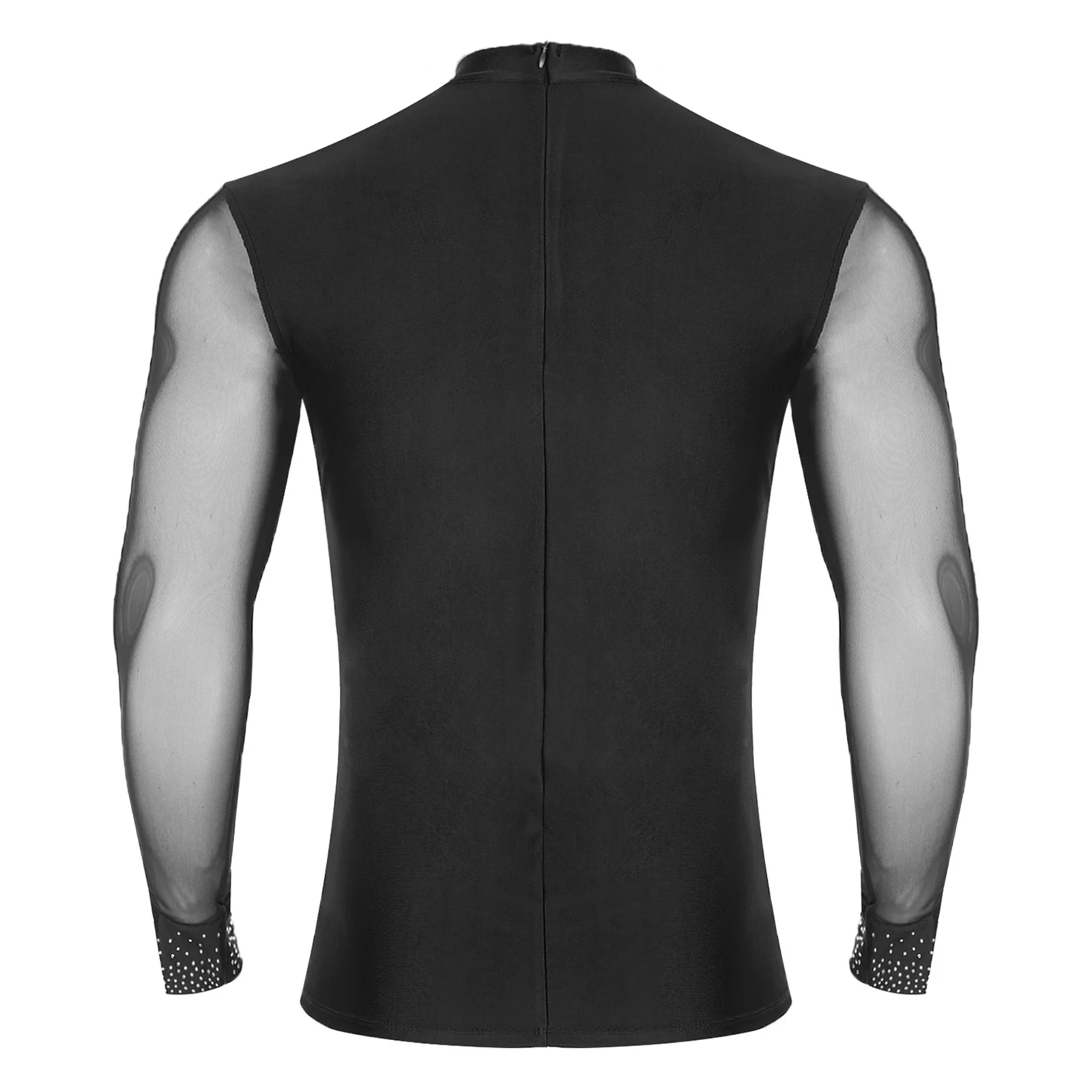 Chacha tango dança latina topo pura malha retalhos brilhantes strass mock pescoço manga longa camiseta blusa para palco de balé