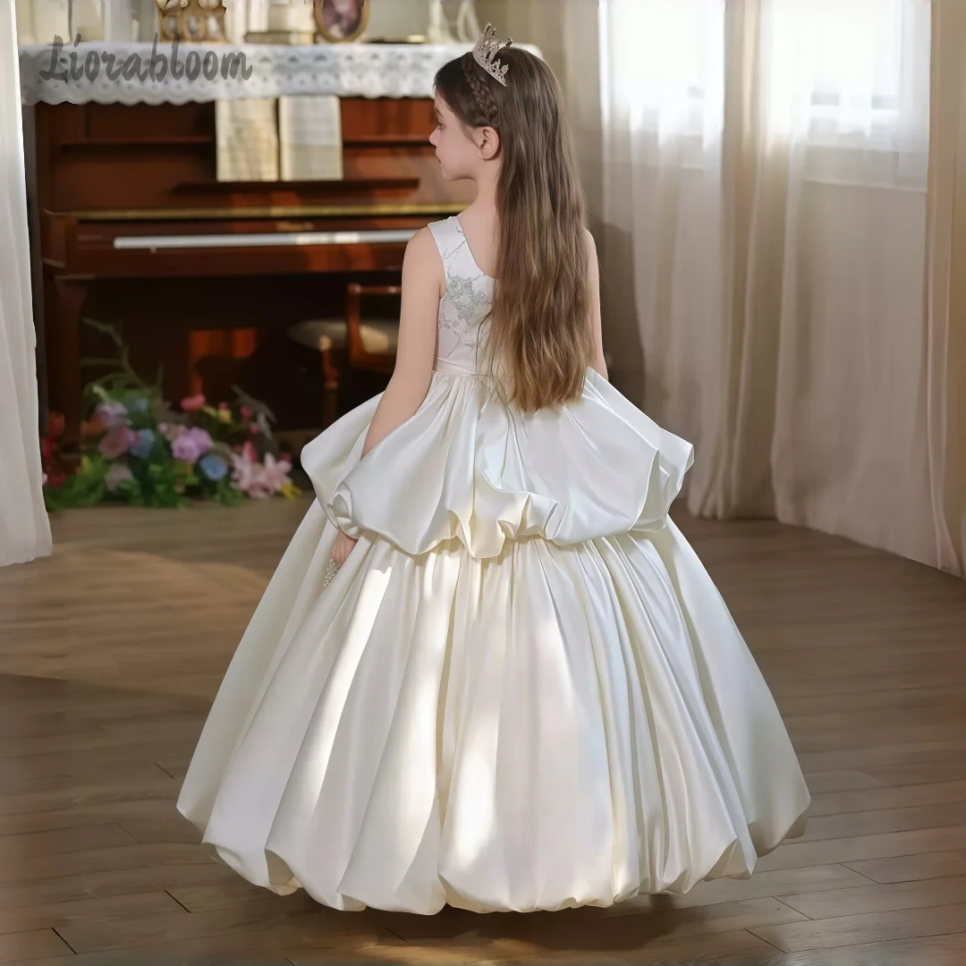 Elegante Abito a Strati per Ragazze, Vestito Lungo Stile Regina Bianco, Sontuoso Abito da Cerimonia Nuziale