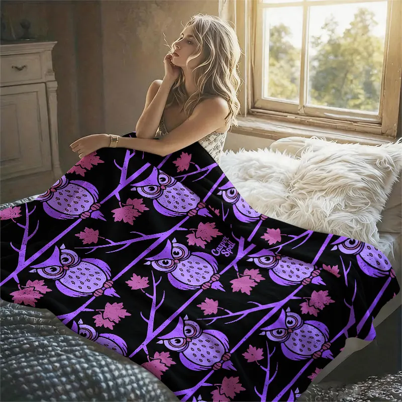 Purple Owl Branch Flannel Blanket Warm Soft Halloween Christmas Decorative Couch Warm Cozy All-Season Gift