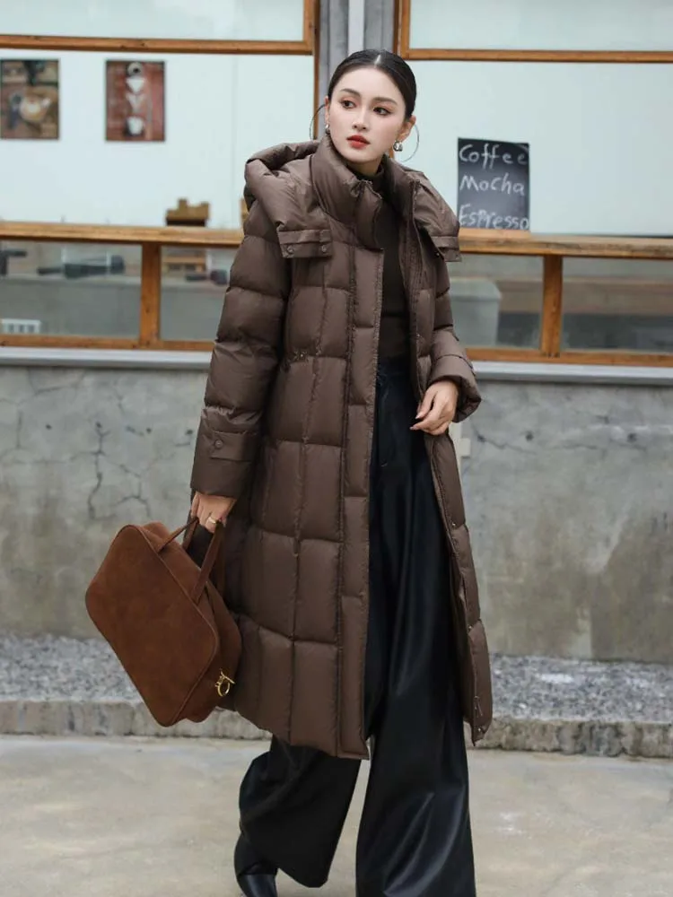Mulheres de luxo longo para baixo jaqueta com capuz 2026 inverno quente moda manga longa puffer casaco senhoras outwear preto INKEO DJ626