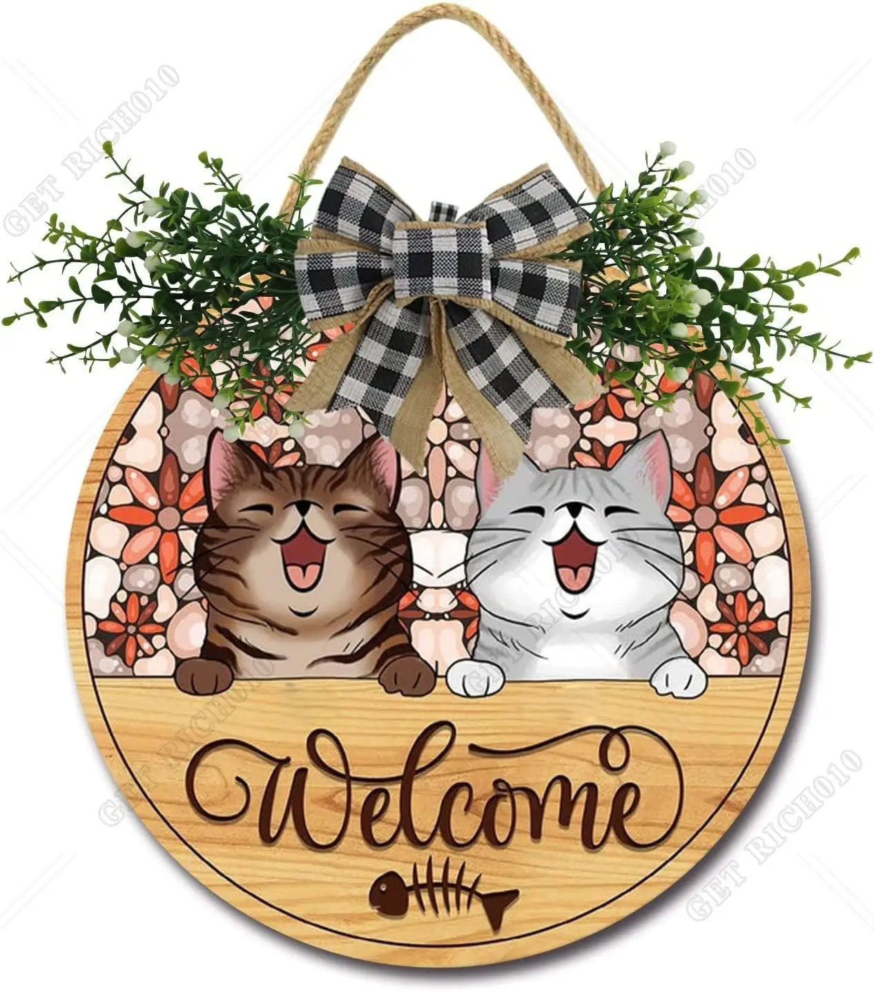 

Welcome Cats Front Door Sign Funny Wreaths Hanging Wooden Plaque Decoration Round Rustic Wood Farmhouse Porch Decor