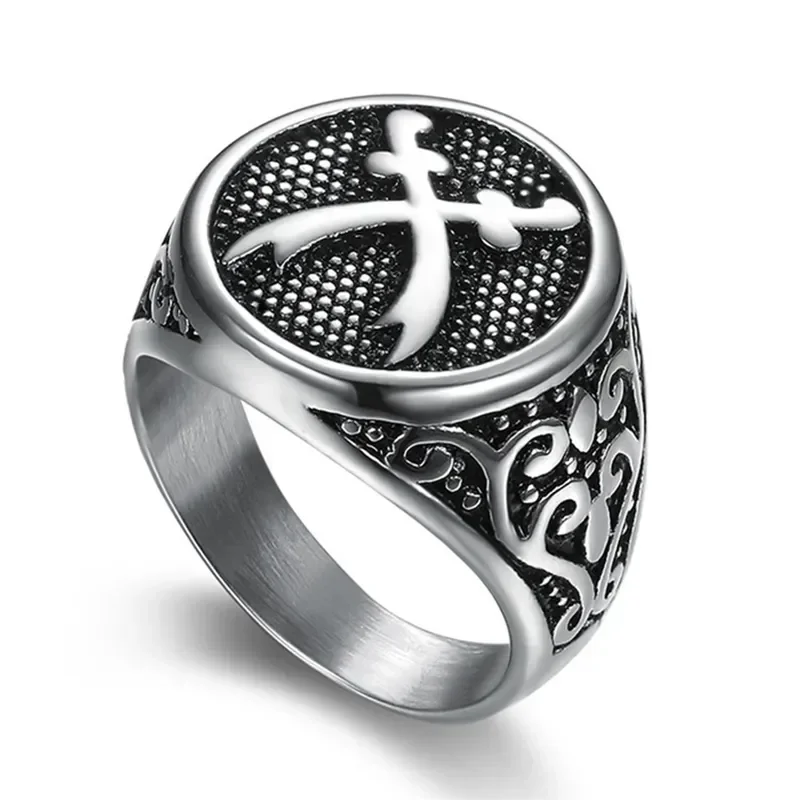 

Fashionable Retro Pirate Double Knife Printed Ring, Stainless Steel Men's for Rings Sizes 8-12