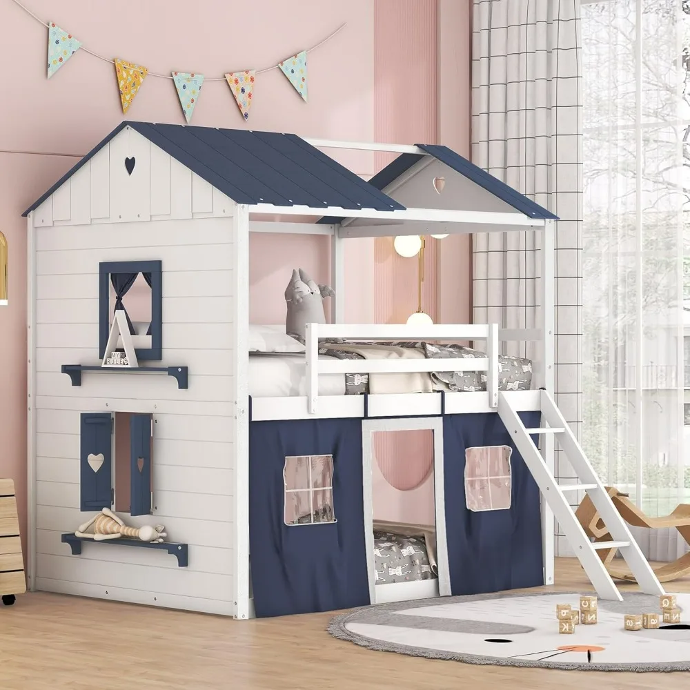 Litera Full Loft con tienda de campaña, cama Loft para niños con escaleras, barandilla, ventanas y techo, litera de madera completa sobre casa de juegos completa