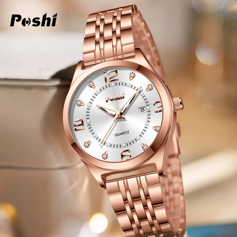 POSHI 973 Fashion Casual Women\'s Watches Quartz Movement Original Wristwatch Stainless Steel Date Ladies Bracelet With Box Gift