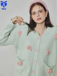 TXii Newlook Autumn and Winter New Green Bow Loose Thick Half-side Velvet suit Thick Sweet Cardigan High-end Home Clothes