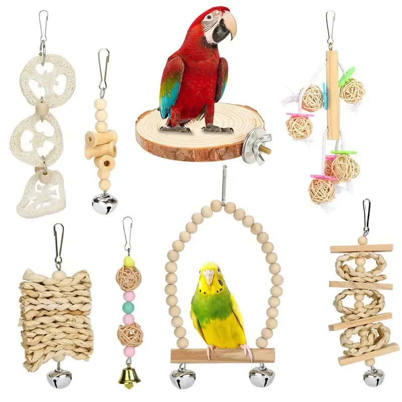 

8PCS Set Combination Parrot Bird Toys Wood Articles Bite Pet Bird Toys For Parrot Training Bird Toy Swing Ball Bell Standi