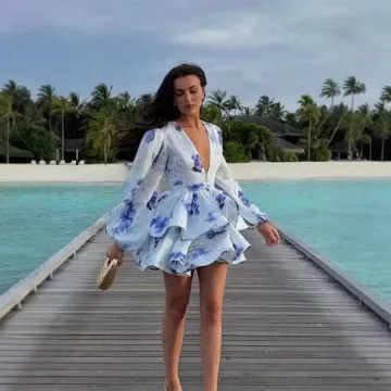 Summer new sweet print waist dress short skirt floral stand-up collar fashionable sexy printed chiffon tight silk princess dress