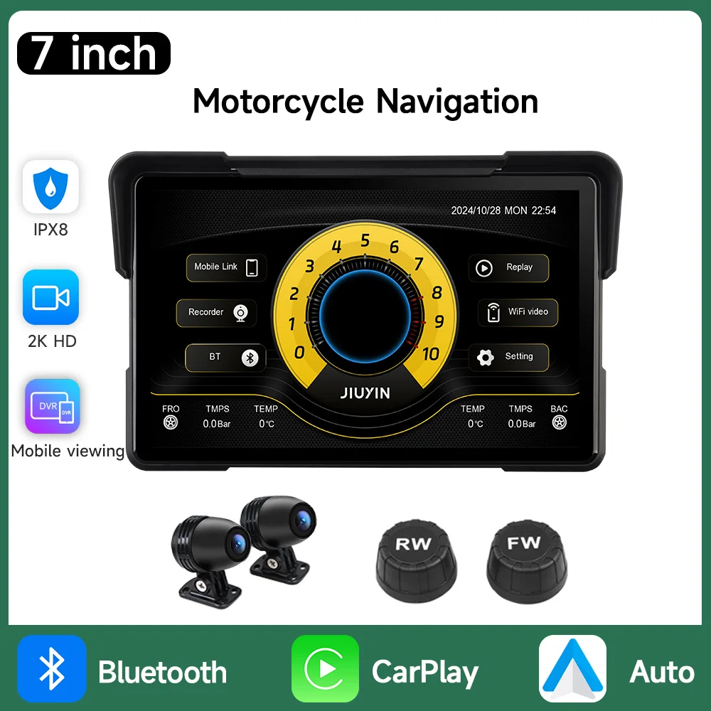 7 inch Motorcycle Multimedia Player 2K HD Recorder GPS Navigation Wireless CarPlay Android Auto IPX8 Waterproof Screen Bluetooth