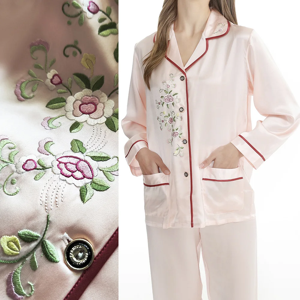 Hand Embroidered Heavy SILK PAJAMA SET Women's 19 M 100 Mulberry Silk Long Sleeve Pants Home Clothes Pajama Set Women