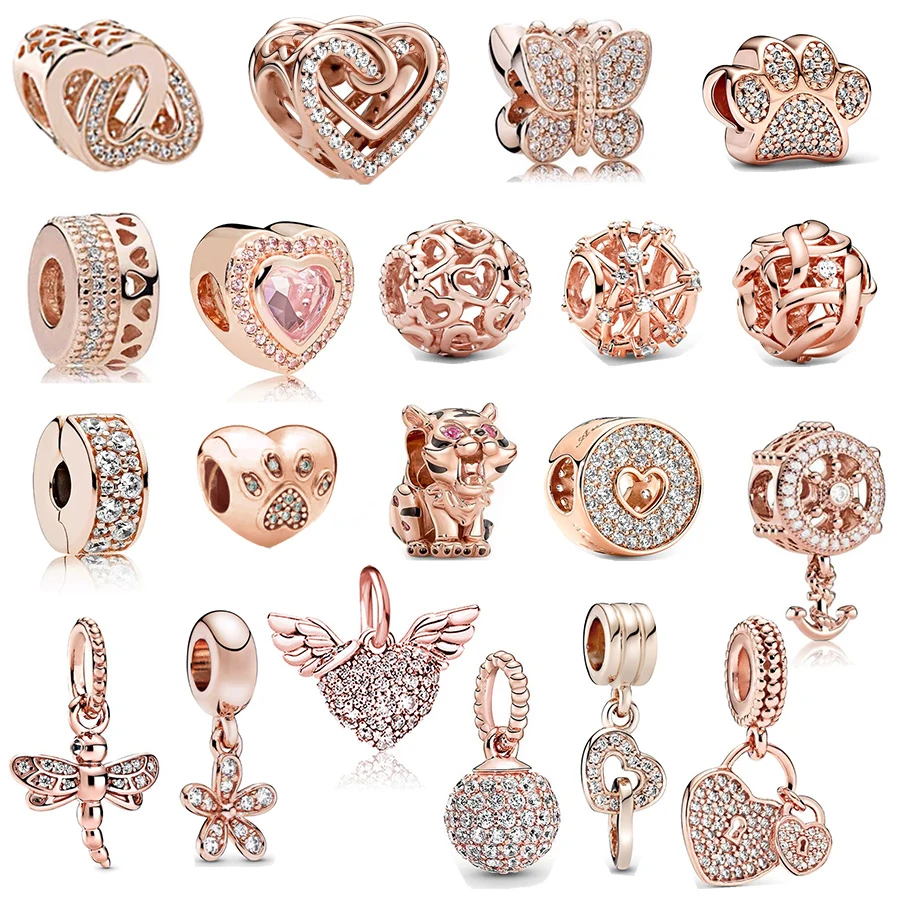 Fine Rose Gold Plated Sparkling Paw Print & Pavé Butterfly Charm Bead Fit Original 925 Sterling Silver Bracelet DIY Jewelry Gift