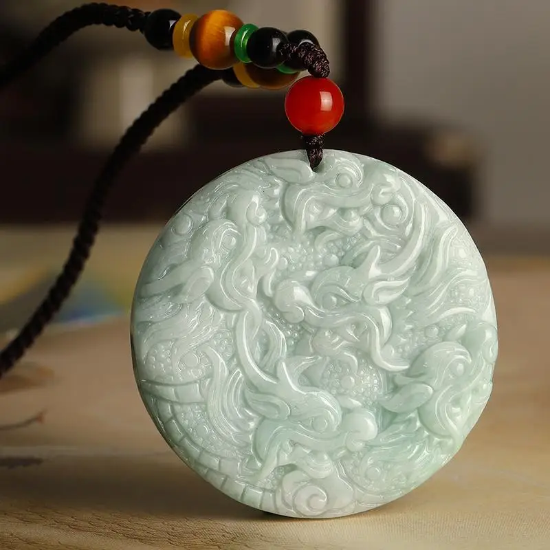 

Natural Myanmar jade jadeite Kowloon protector pendant dragon pendant double-sided round brand jade pendant men's and women's ja