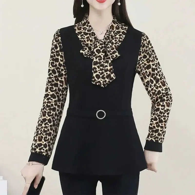 Office Lady Stijlvolle Trekkoord Strik Shirt Elegante V-Hals Lente Herfst Polka Dot Print Luipaard Vrouwelijke Slanke Taille Sjerpen Blouse