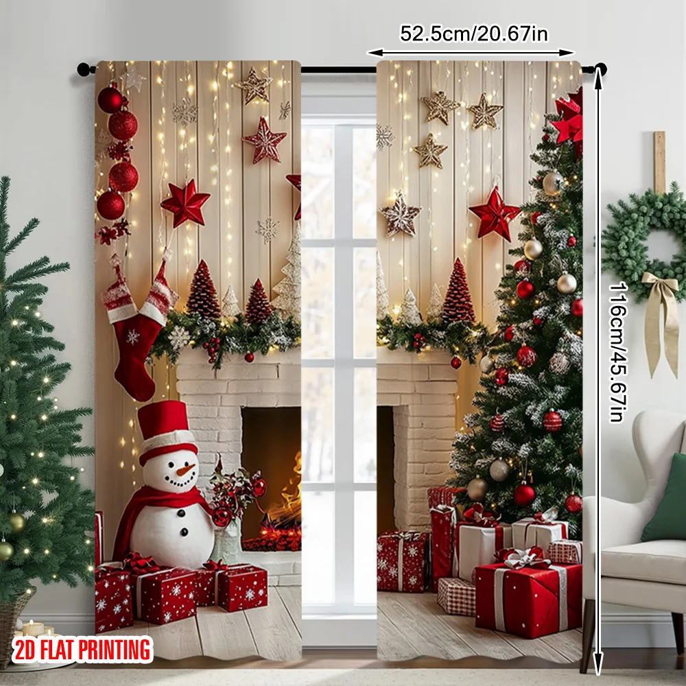 2pcs 2D flat printing Christmas Window Drapes Snowman fireplace Machine Washable Polyester Without Electricity Festive Holiday
