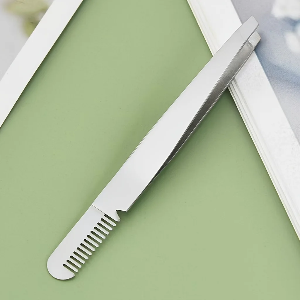 

2-in-1 Stainless Steel Eyebrow Tweezers & Comb - Precision Slanted Tip for Easy Hair Removal, Ideal for Men & Women