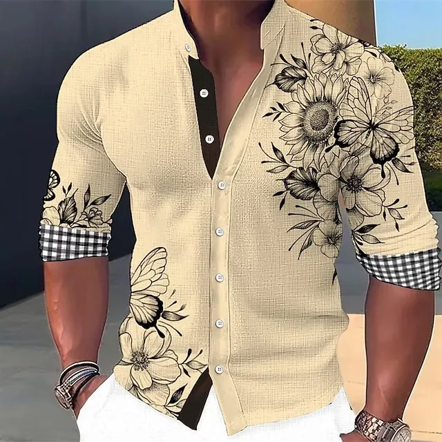 

Plant Printed Youthful And Energetic Men's Standing Collar Long Sleeved Shirt Outdoor Streetwear Fashion Design MB1