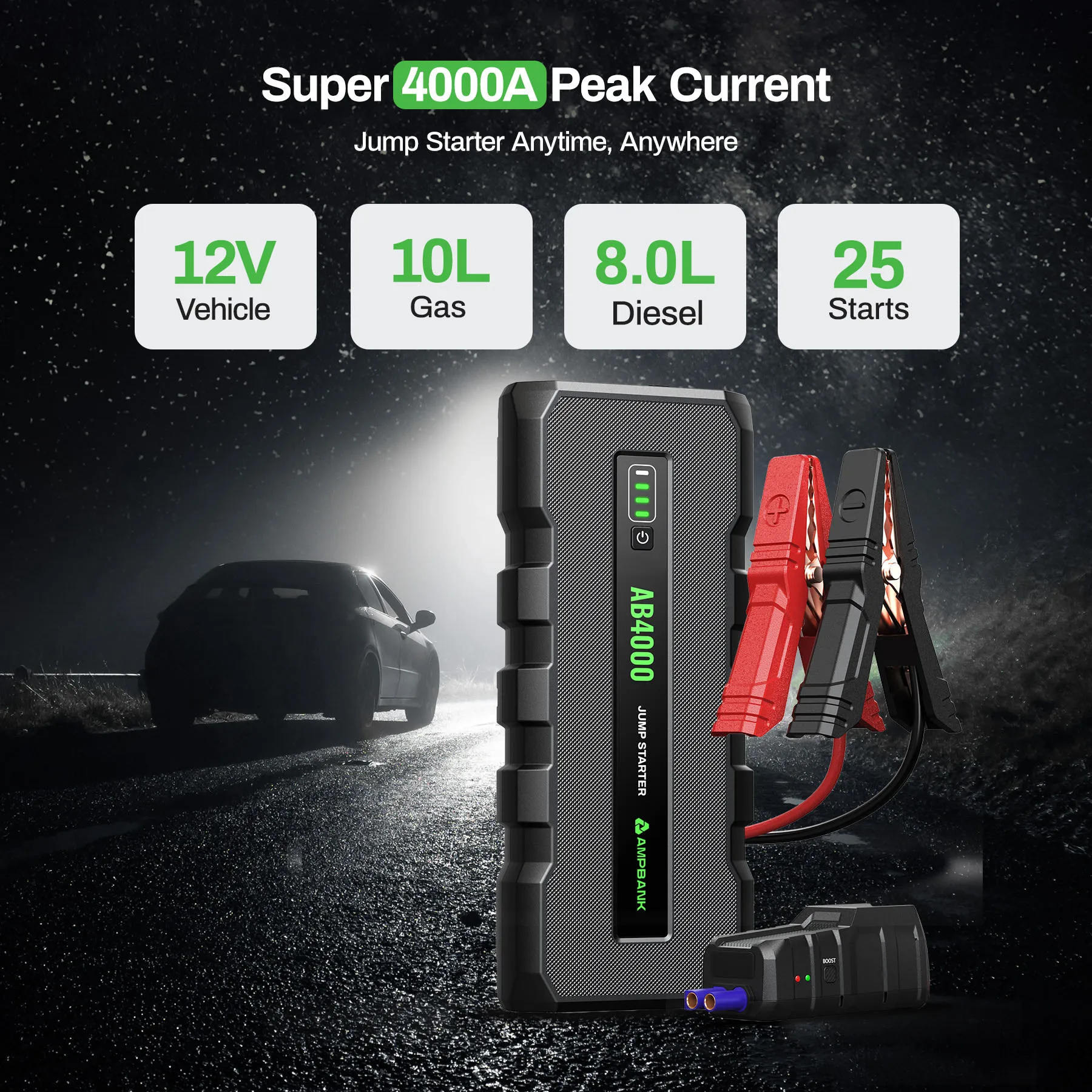 AMPBANK AB4000 Car Jump Starter 16000mAh Booster Power Bank Battery Charger Portable 12V 4000A Booster Pack Bidirectional Fast Charge BOOST Function For Cars SUV Truck Motorcycle
