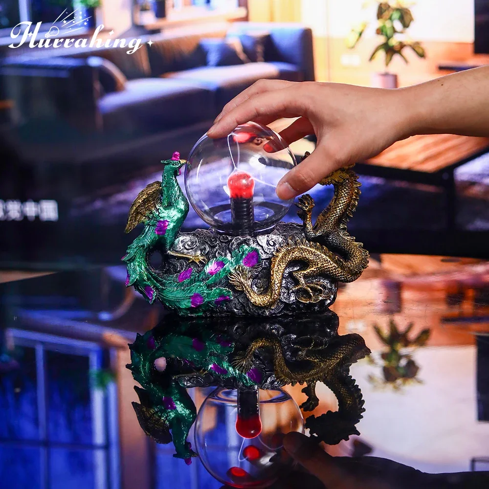 Hurrahing chinês dragão e phoenix estilo lâmpada de plasma 4-Polegada luz noturna ambiente decoração de mesa presente de halloween venda