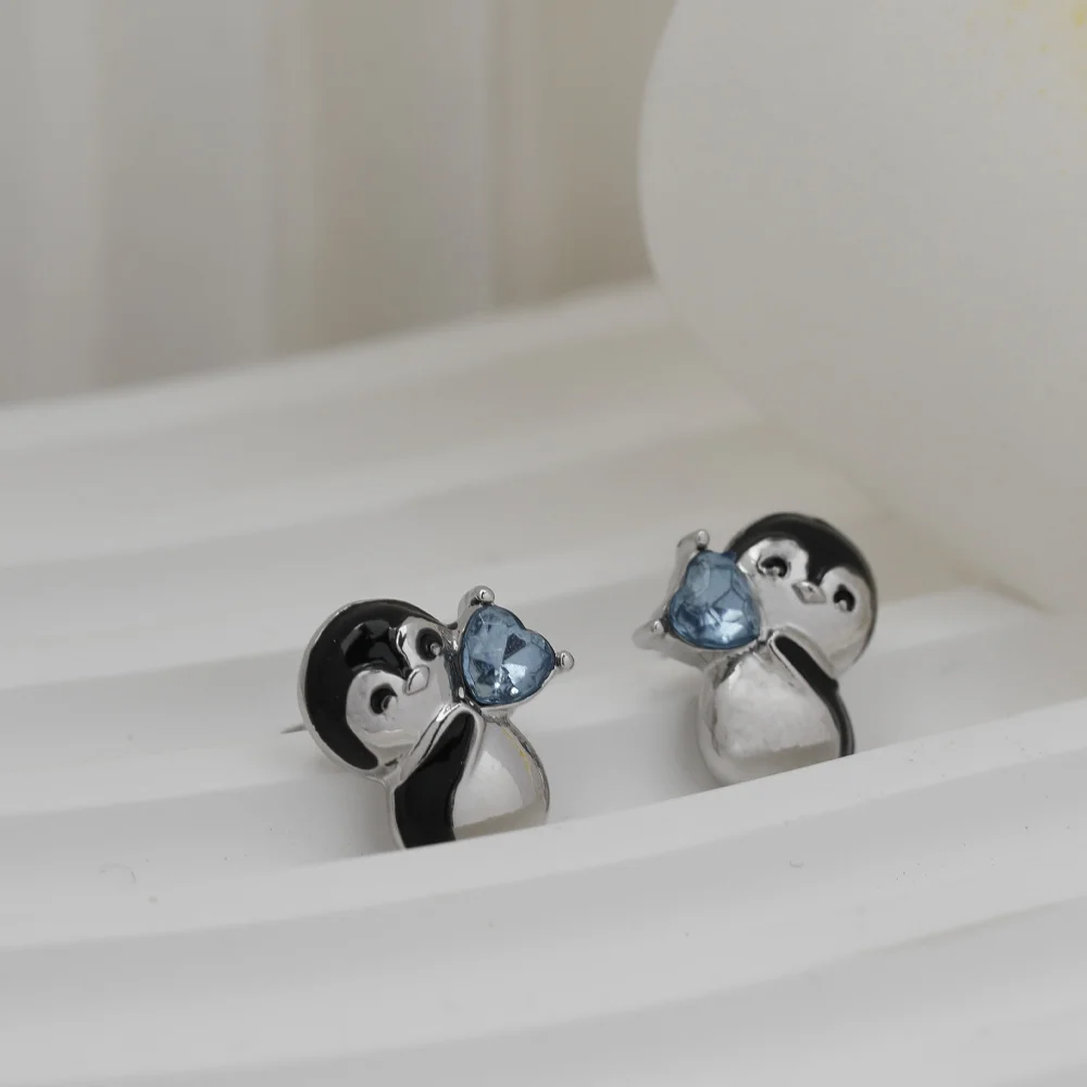 Cute Little Penguin Blue Heart Stud Earrings, Cool Party Jewelry, Valentine\'s Day Gift for Women Mom Family Friends Anniversary