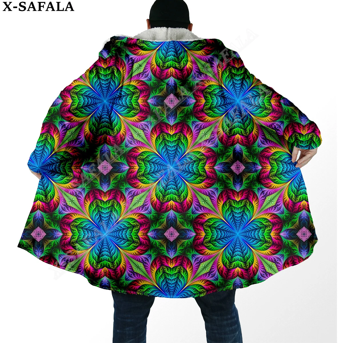 Hippie Psychedelic Colorful Trippy 3D Print Dream Cloak Thick Warm Hooded Men Overcoat Coat Windproof Fleece Cape Robe Blanket-2