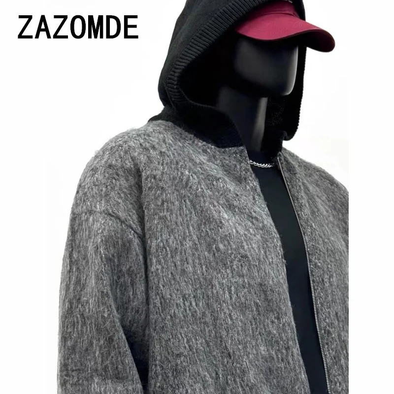 ZAZOMDE-Chaqueta de punto para hombre, suéter grueso y cálido de algodón con capucha, cárdigan de punto para exteriores, Invierno