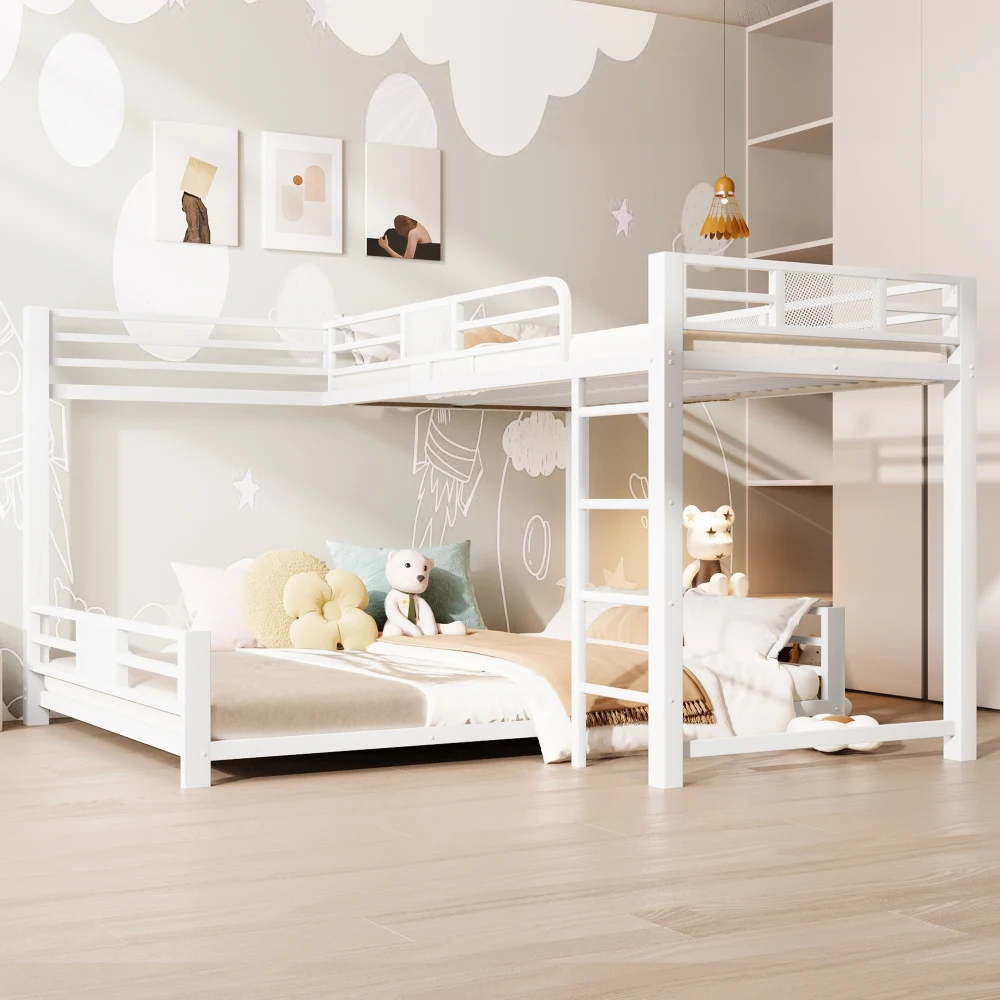 L-förmiges Metall-Etagenbett, 90 x 200 cm großes oberes Bett und 140 x 200 cm großes unteres Bett, platzsparendes Etagenbett für Kinder, Jugendliche und Erwachsene, ohne Matratze