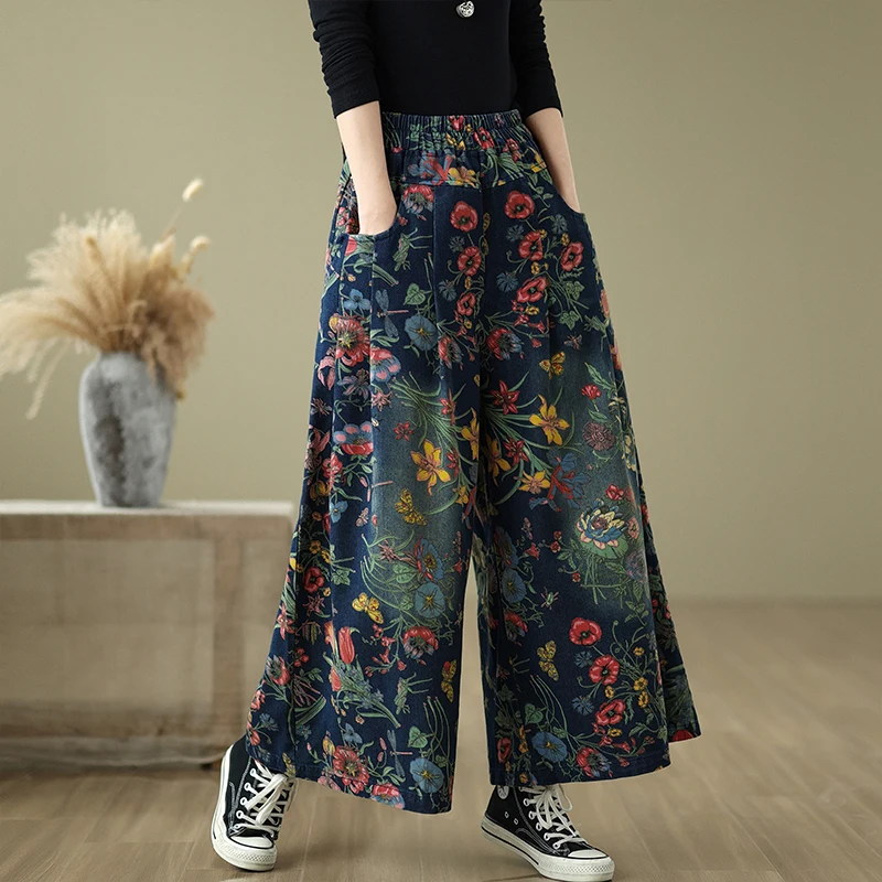 Étnico sle desbotado waed impresso jeans cintura alta perna larga casual calças compridas femininas plus size primavera outono algodão poliéster