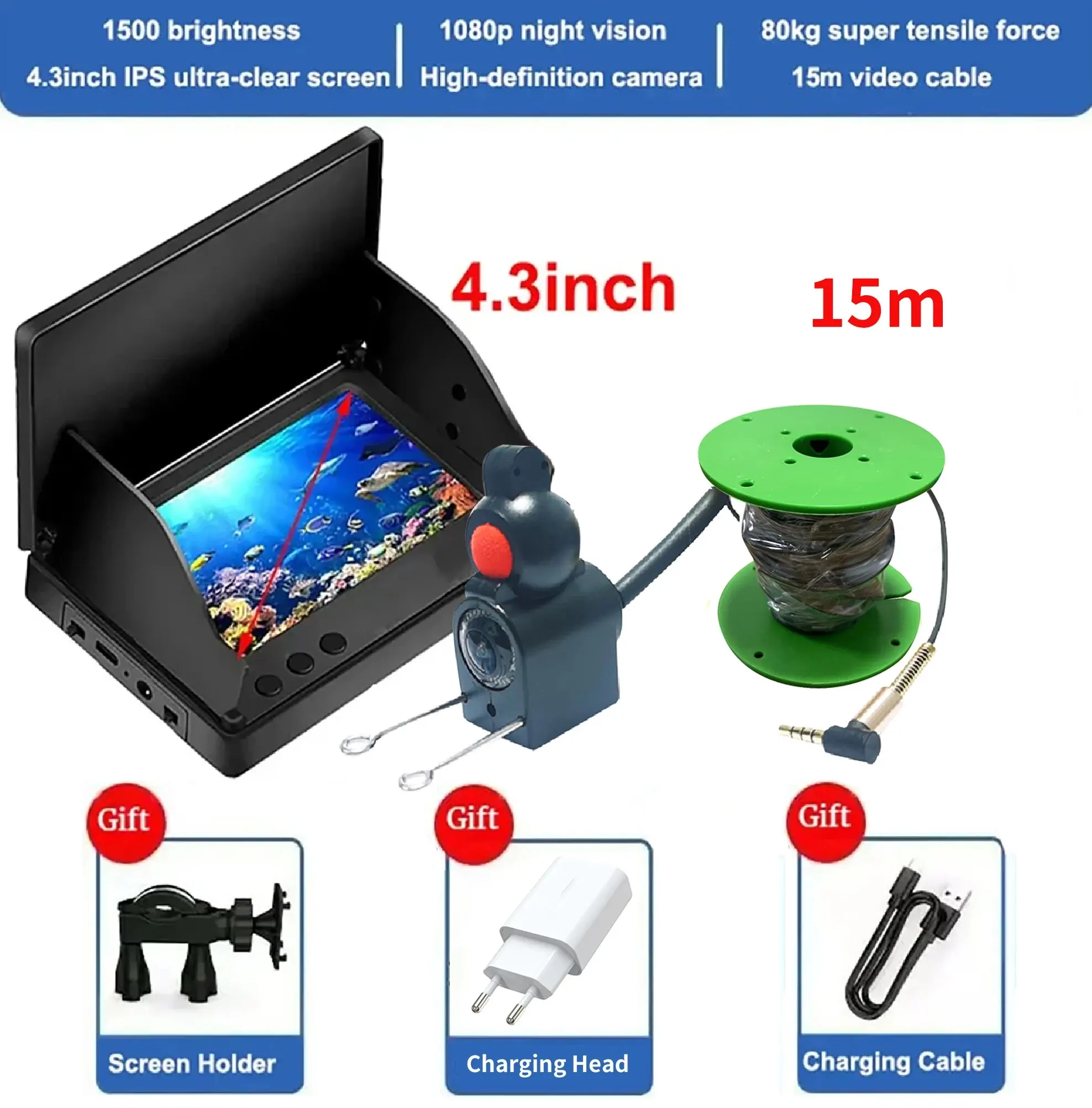 Draagbare visdieptezoeker Water Handheld 1080P 4,3 inch LCD Fishfinder onderwater 220 °   Viscamera met nachtzicht - afbeelding 1