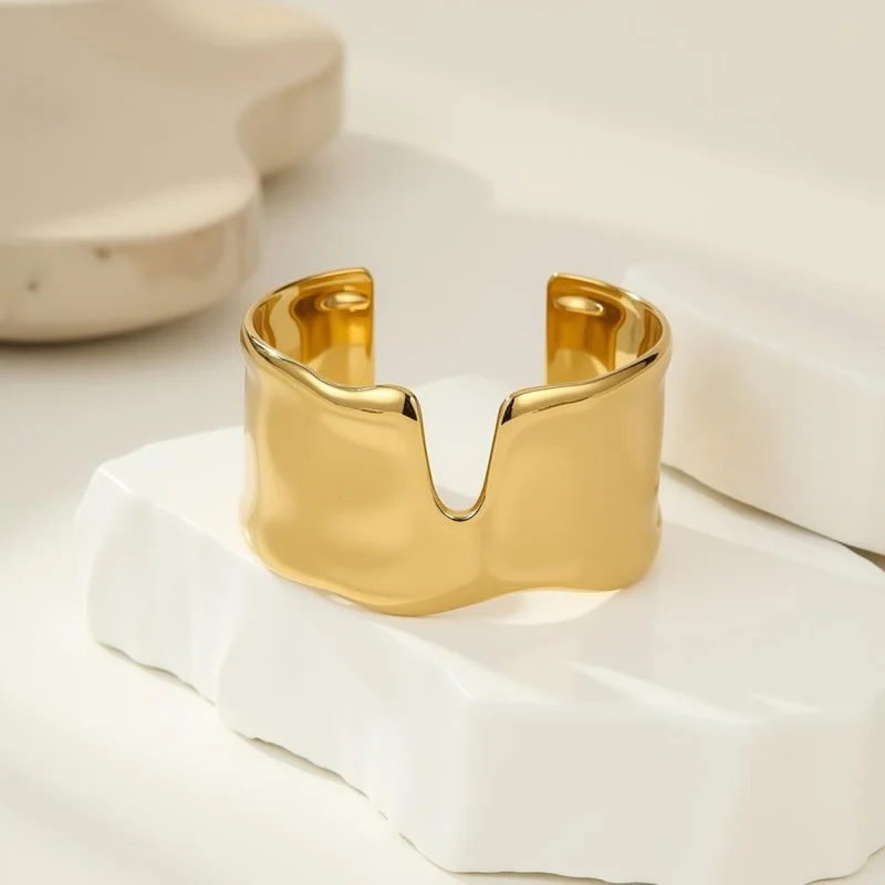Women Modern Abstract Wide Cuff Bracelet Gold Tone Asymmetrical Design Trendy Accessories