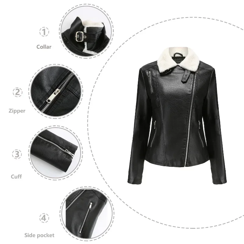 BTQWFD Women Pu Leather Motorcycle Warm Jackets Female Clothing Solid Casual Spring Autumn Winter 2024 New Long Sleeve Outerwear