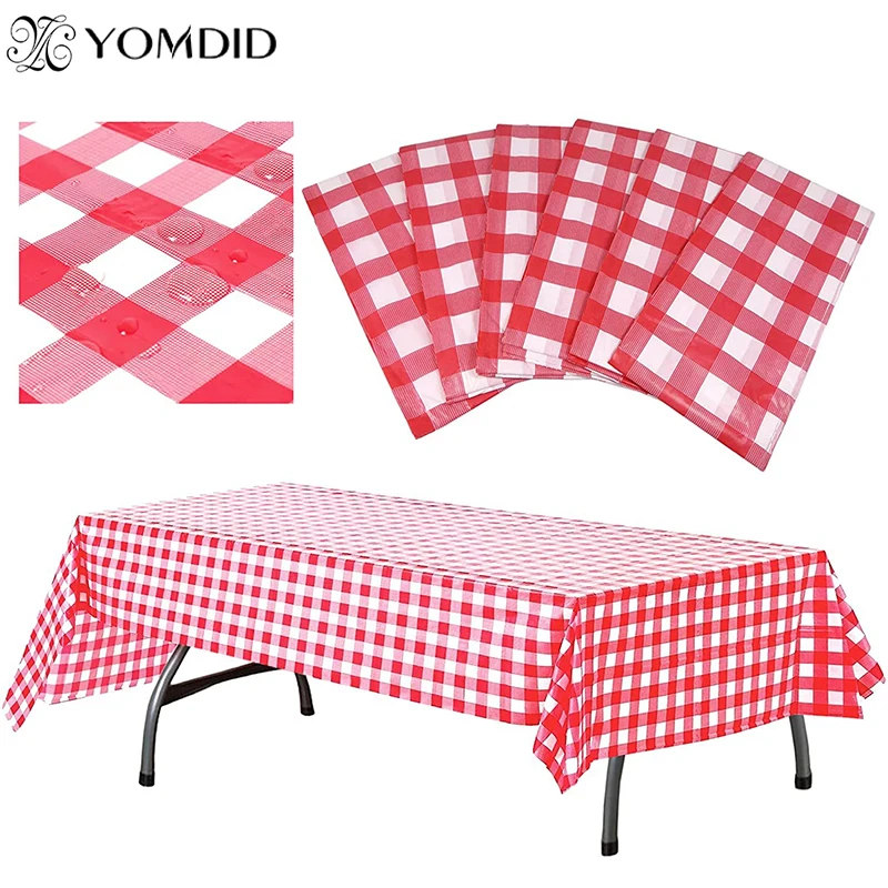 YOMDID 1pc Plastic Plaid Table Cover Red And White Picnic Disposable Tablecloth Rectangular Table Cloth For Birthday Party Decor